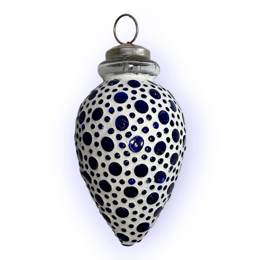 Contemporary White Pottery Teardrop Ornament with Cobalt Blue‎ Glass Dots 5.5"